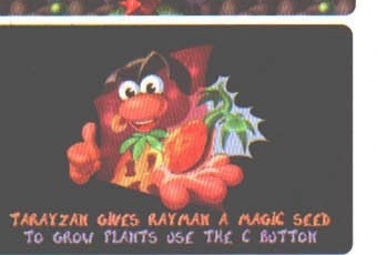 Tarayzan character art. Printed caption: "TARAYZAN GIVES RAYMAN A MAGIC SEED / TO GROW PLANTS USE THE C BUTTON"