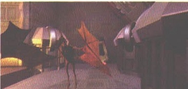 Dark interior scene with a winged Raman creature
