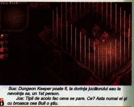 Sus: Dungeon Keeper poate fi, la dorința jucătorului sau la nevoința sa, un 1st person. / Jos: Tipii de acolo fac ceva se pare. Ce? Asta numai ei și cu broasca cea Bull o știu.