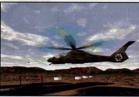 Elicopter Comanche în zbor razant peste peisaj Voxel