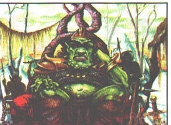 Ilustrație de carte — creatură verde tronând în mlaștină