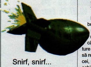 Snirf, snirf... — ilustrația este decupată neregulat, iar vârful bombei intră în coloana de text, așa că decupajul prinde câteva litere pe marginea din dreapta
