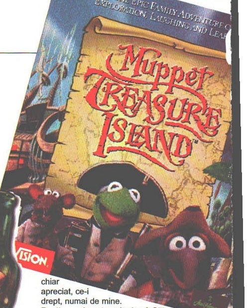 Coperta cutiei Muppet Treasure Island (panou înclinat pe pagină; primele rânduri ale coloanei din dreapta intră în decupaj, pentru că textul se înfășoară în jurul lui)