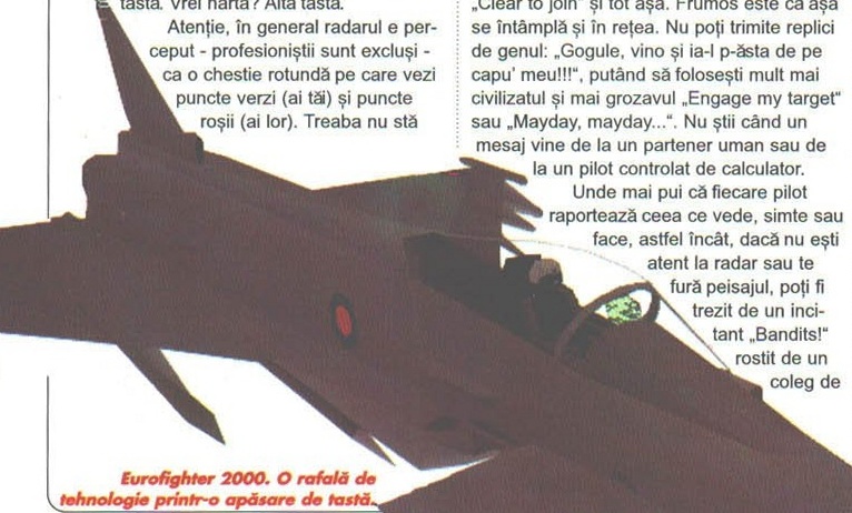 Eurofighter 2000. O rafală de tehnologie printr-o apăsare de tastă. (ilustrație fără chenar, în jurul căreia pagina înfășoară textul, așa că decupajul prinde rânduri din coloanele alăturate)