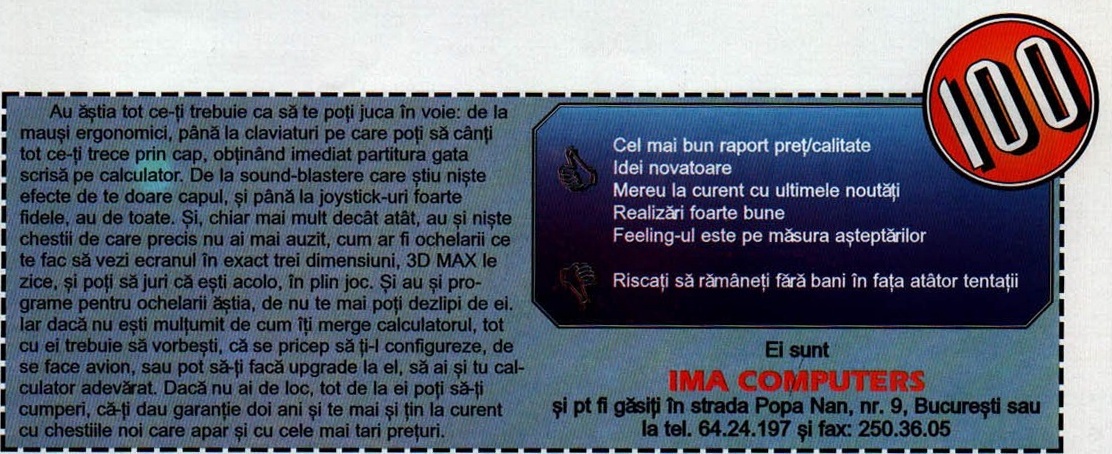 Reclama IMA Computers — bloc redacțional-publicitar cu rondela de scor „100”, casetă thumbs-up/thumbs-down și adresa firmei