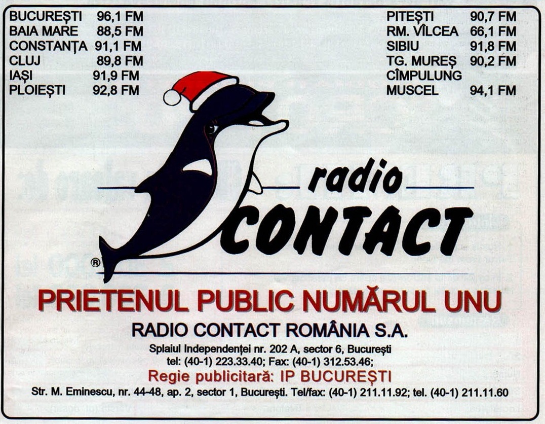 Reclama Radio Contact România S.A., cu delfinul-mascotă purtând căciulă de Moș Crăciun și lista frecvențelor pe orașe