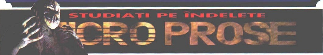Bannerul concursului: „STUDIAȚI PE ÎNDELETE MICROPROSE" — primele litere ale siglei sunt acoperite pe pagină de ilustrația cu extraterestrul