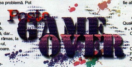 Ilustrația-titlu a rubricii: „Poșta GAME OVER", cu stropi de vopsea peste un fundal de scrisori dactilografiate. Textul coloanelor curge neregulat în jurul ei, așa că marginile crop-ului prind câteva cuvinte din coloanele vecine (artwork fără chenar dreptunghiular).