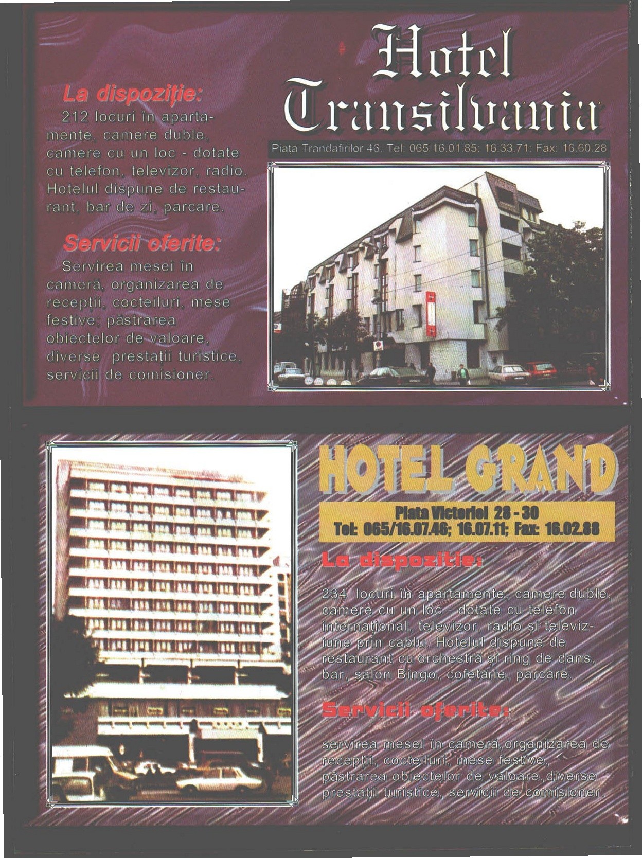 Numărul 5, pagina 28 — Hotel Transilvania & Hotel Grand, Tg. Mures (reclama)