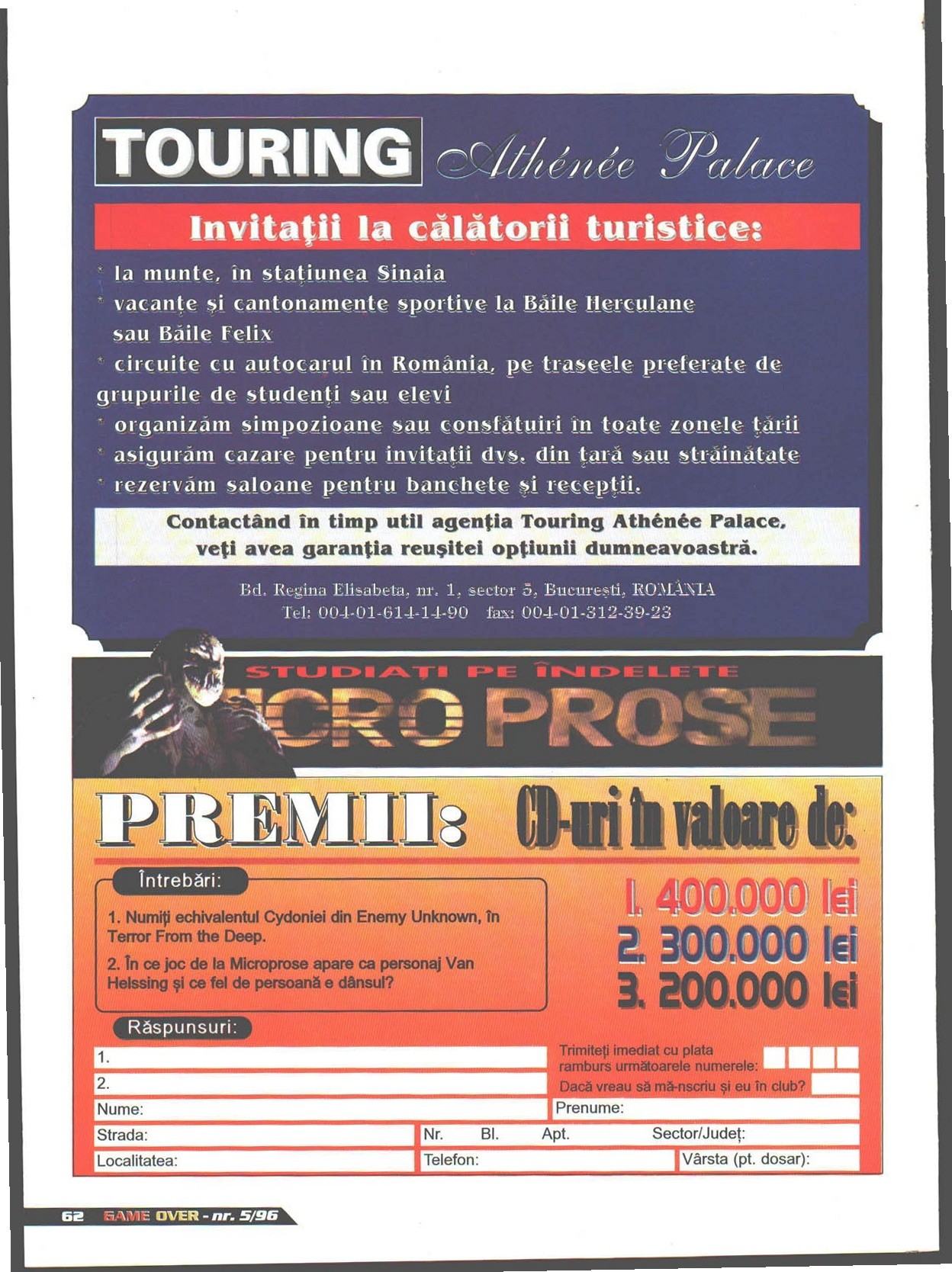 Numărul 5, pagina 62 — Concurs MicroProse (& reclama Touring Athenee Palace)