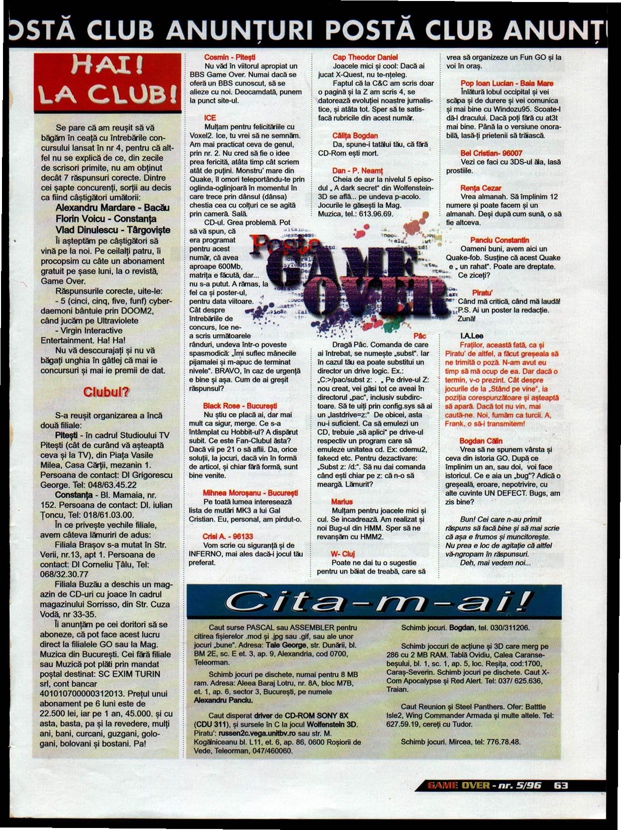 Numărul 5, pagina 63 — Posta, Club, Anunturi