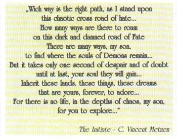Caseta cu poemul „The Initiate", creditat pe pagină „The Initiate - C. Vincent Metzen"