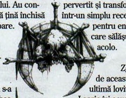 Ilustrație: craniu înaripat peste pentagramă, tipărită fără chenar cu textul curgând în jurul ei