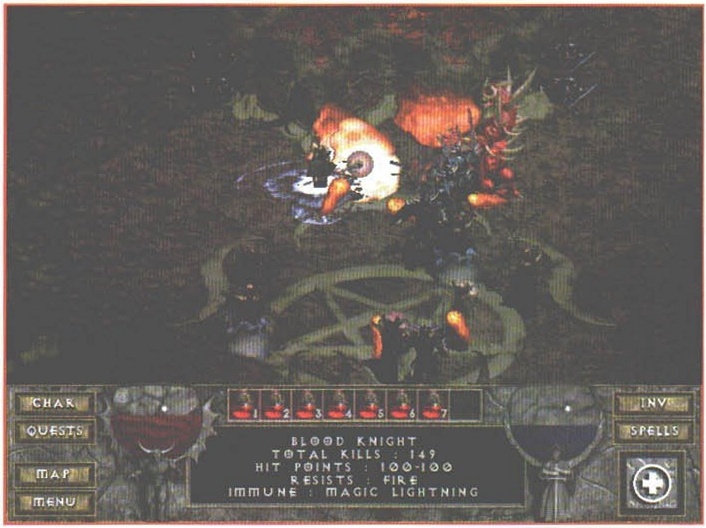 Blood Knight — Total kills: 149, Hit points: 100-100, Resists: fire, Immune: magic lightning