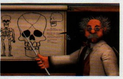 Cadru din intro: doctorul cu indicatorul, în fața planșei cu schelet și cranii