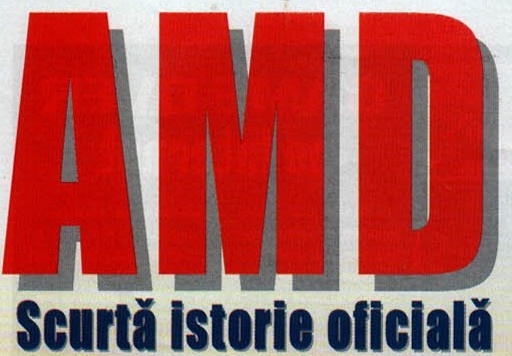 Titlul articolului: sigla „AMD" în roșu, cu subtitlul „Scurtă istorie oficială"