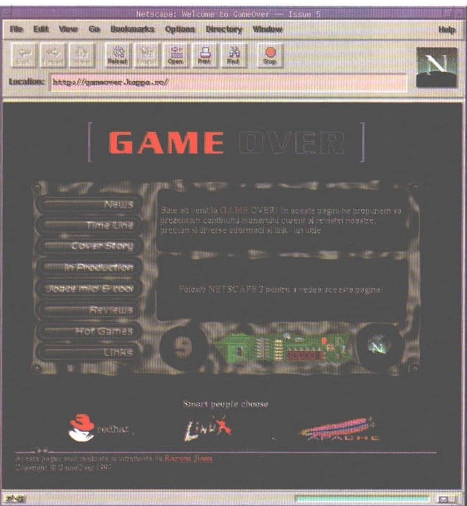 Captură Netscape a paginii Game Over de la http://gameover.kappa.ro, cu meniul principal al site-ului