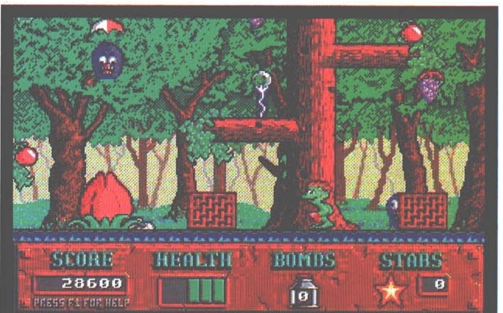 Imagine din Cosmo's Cosmic Adventure: pădurea EGA, cu bara SCORE / HEALTH / BOMBS / STARS. Legenda din pagină: „Cosmo, unul dintre personajele ieșite pe ușa firmei Apogee. Mic, verde și mai puțin terestru."