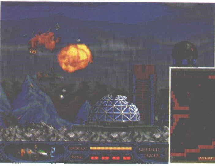 Imagine din Star Gunner: peisaj nocturn cu cupolă geodezică și explozii. Imaginea alăturată (Wolfenstein 3D) este tipărită peste colțul din dreapta-jos. Legenda din pagină: „Star Gunner, cenușe și orhidee la New York. Sau greșesc? Bine, fără orhidee."
