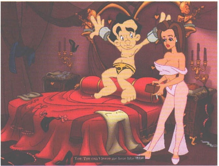 Cadru din joc: Larry pe patul roșu al unei cabine, cu subtitrarea „You: You can't leave me here like this!"