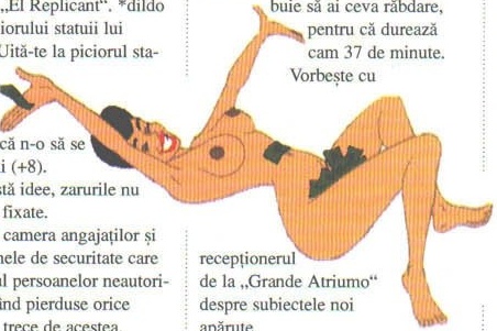 Ilustrație fără chenar: nud culcat, desenat peste coloanele de text. Revista culege textul în jurul figurii, așa că dreptunghiul prinde inevitabil rânduri din coloanele vecine