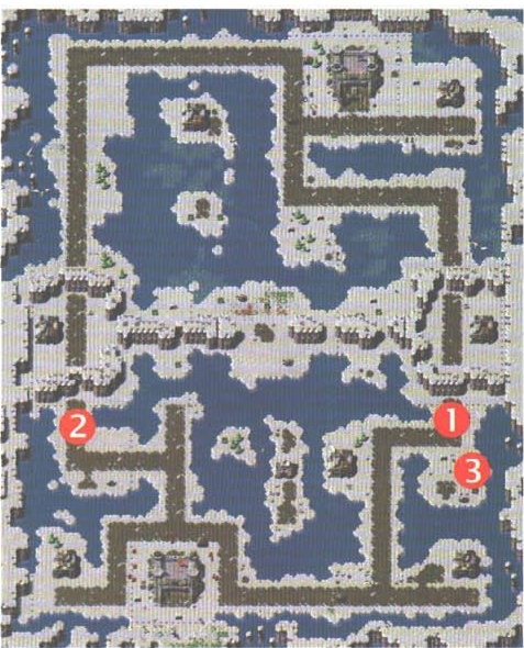 Harta nivelului 10, cu cele trei obiective numerotate (1), (2), (3)