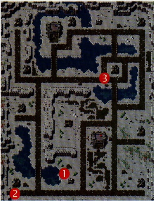 Harta nivelului 11, cu obiectivele numerotate (1), (2), (3)