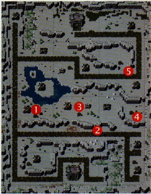 Harta nivelului 12, cu obiectivele numerotate (1)…(5)