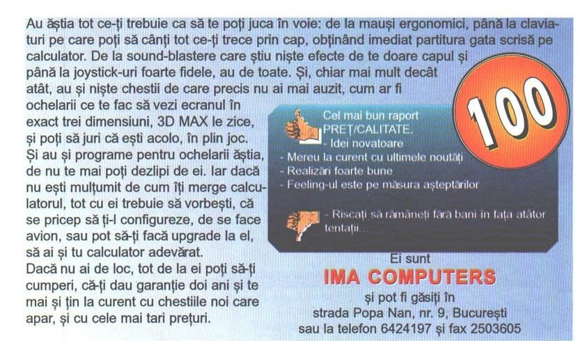 Reclama IMA Computers pe fond albastru: textul publicitar, caseta cu argumente pro/contra, insigna „100" și adresa firmei