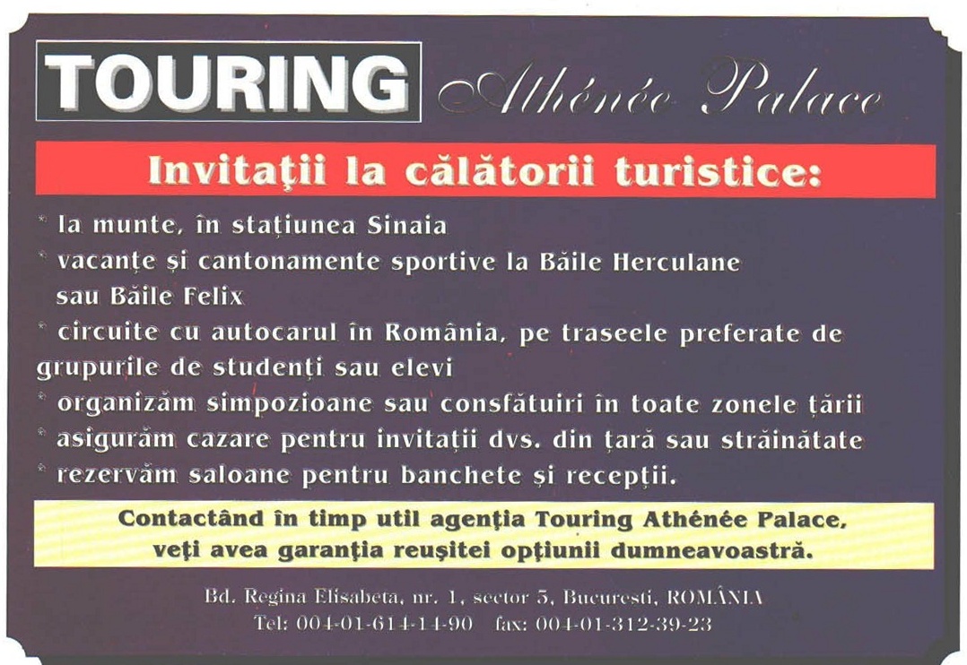 Reclama „TOURING Athénée Palace — Invitații la călătorii turistice", jumătatea de sus a paginii
