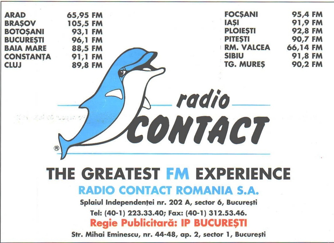 Reclama Radio Contact: lista de frecvențe FM pe orașe, sigla cu delfinul și sloganul „THE GREATEST FM EXPERIENCE"