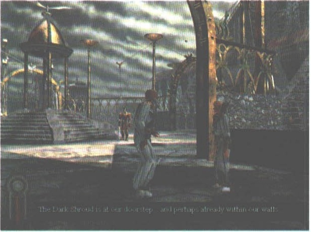 Piață dintr-un oraș luminat de felinare — în joc: „The Dark Shroud is at our doorstep... and perhaps already within our walls"