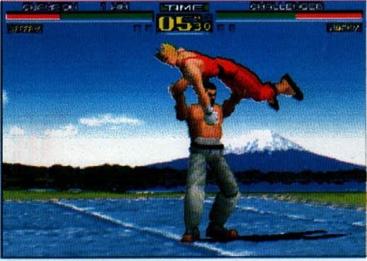 Captură din Virtua Fighter: aruncare, cu muntele Fuji în fundal