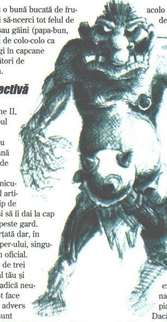 Desen în peniță: troll/ogru burtos cu colți, tăind pagina pe mijloc