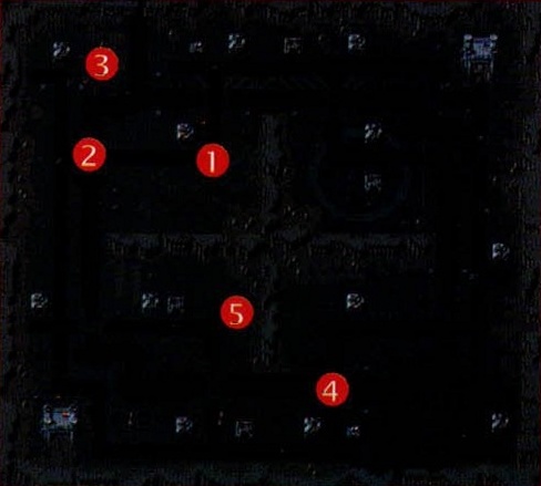 Harta tactică a nivelului 18, cu obiectivele numerotate (1)…(5)
