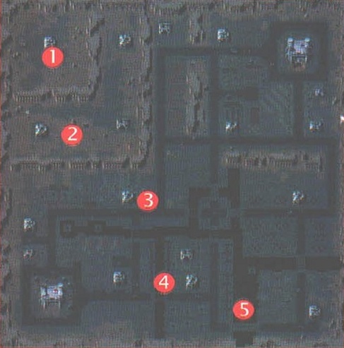 Harta tactică a nivelului 20, cu obiectivele numerotate (1)…(5)