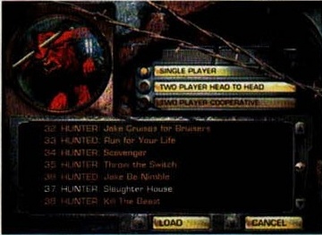 Captură: meniul de joc, cu lista de misiuni HUNTER / HUNTED