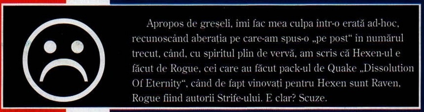 Panoul negru al rubricii ERATA: o față tristă (smiley întors) desenată cu linie albă în stânga, textul erratei în dreapta