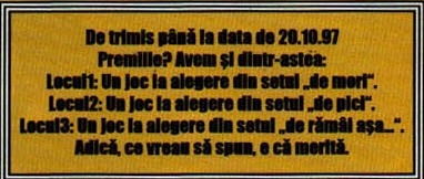Caseta cu ramă dublă din talon: termenul „De trimis până la data de 20.10.97” și lista premiilor (decupaj suprapus peste cuponul galben, pentru că aici stă singura dată tipărită a numărului)