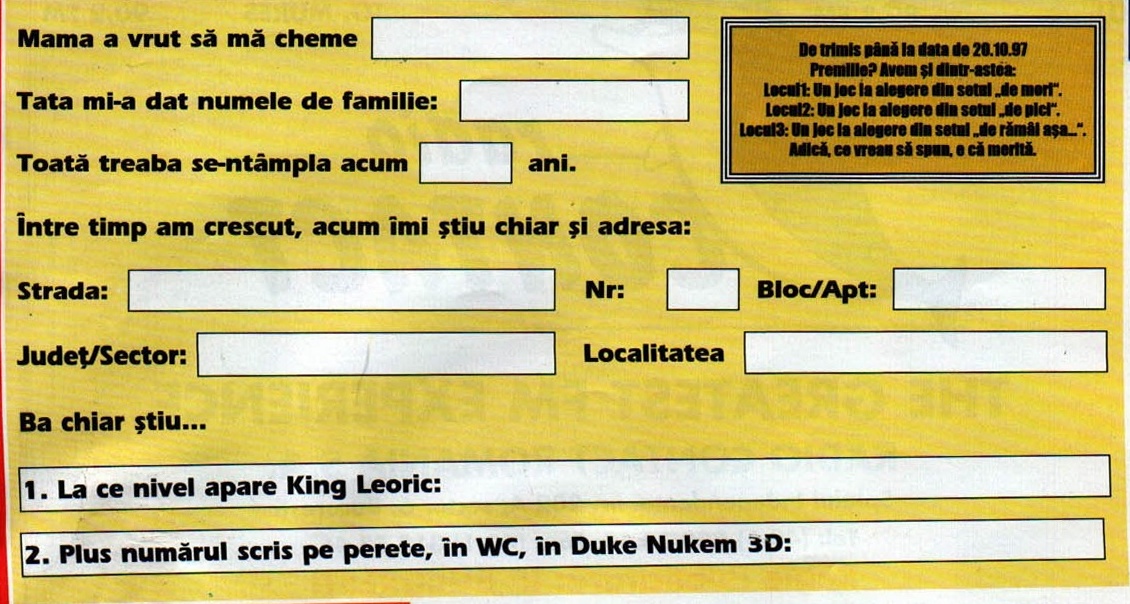 Talonul de concurs — cuponul galben cu rubricile de completat (nume, vârstă, adresă) și cele două întrebări; caseta cu premii și termen din colțul dreapta-sus este cuprinsă în acest decupaj