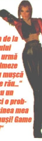 Decupaj: personajul feminin din joc, ilustrația fără chenar din josul coloanei de introducere. Textul roșu al revistei curge în jurul ei, așa că marginea din stânga prinde câteva caractere din coloană.