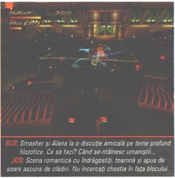 JOS: Scena romantică cu îndrăgostiți, toamnă și apus de soare ascuns de clădiri. Nu încercați chestia în fața blocului. (Banda de legendă tipărită sub această imagine acoperă ambele capturi — și rândul „SUS:", care se referă la imaginea de deasupra.)