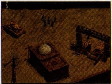 Screenshot fără legendă: bază văzută izometric, cu un tanc, o cupolă și o macara