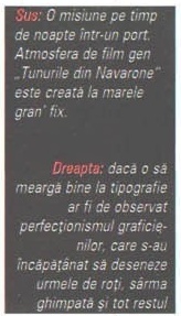 Caseta neagră de legende dintre coloane, cu textele „Sus:" (portul pe timp de noapte) și „Dreapta:" (podul de cale ferată)