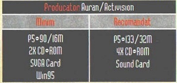 Caseta neagră de specificații: „Producator: Auran/Activision"; Minim — P5-90/16M, 2X CD-ROM, SVGA Card, Win95; Recomandat — P5-133/32M, 4X CD-ROM, Sound Card