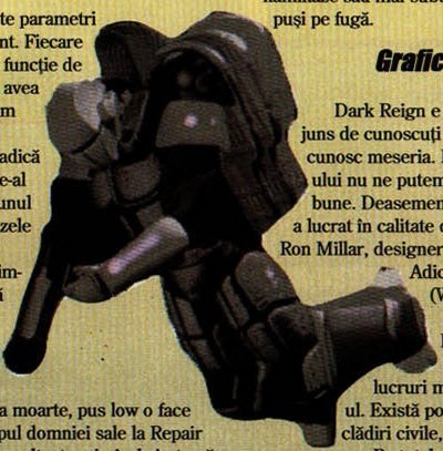 Randare a unui mech Imperium, decupată neregulat, cu textul revistei curgând în jurul ei. Dreptunghiul care cuprinde tot desenul prinde inevitabil câteva cuvinte din coloanele vecine.