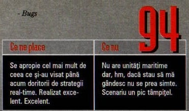 Scorul final — 94 — și caseta „Ce ne place" / „Ce nu"; în colțul din stânga-sus al decupajului intră și semnătura „- Bugs", tipărită în aceeași coloană