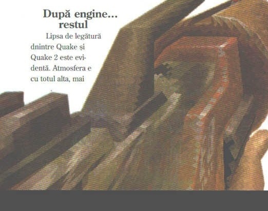 Randare a armei jucătorului, decupată neregulat în colțul din stânga-jos al paginii; textul revistei curge peste desen, așa că dreptunghiul care îl cuprinde prinde inevitabil subtitlul „După engine... restul" și începutul paragrafului de mai sus.