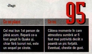 Scorul final — 95 — și caseta „Ce ne place” / „Ce nu”; în colțul din stânga-sus al decupajului intră și semnătura „-Bugs”