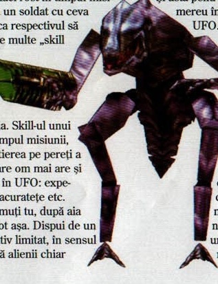 Randare a unui alien mecanic, decupată neregulat în josul paginii 26; textul revistei curge în jurul ei, așa că dreptunghiul care cuprinde tot desenul prinde inevitabil câteva cuvinte din coloanele vecine.